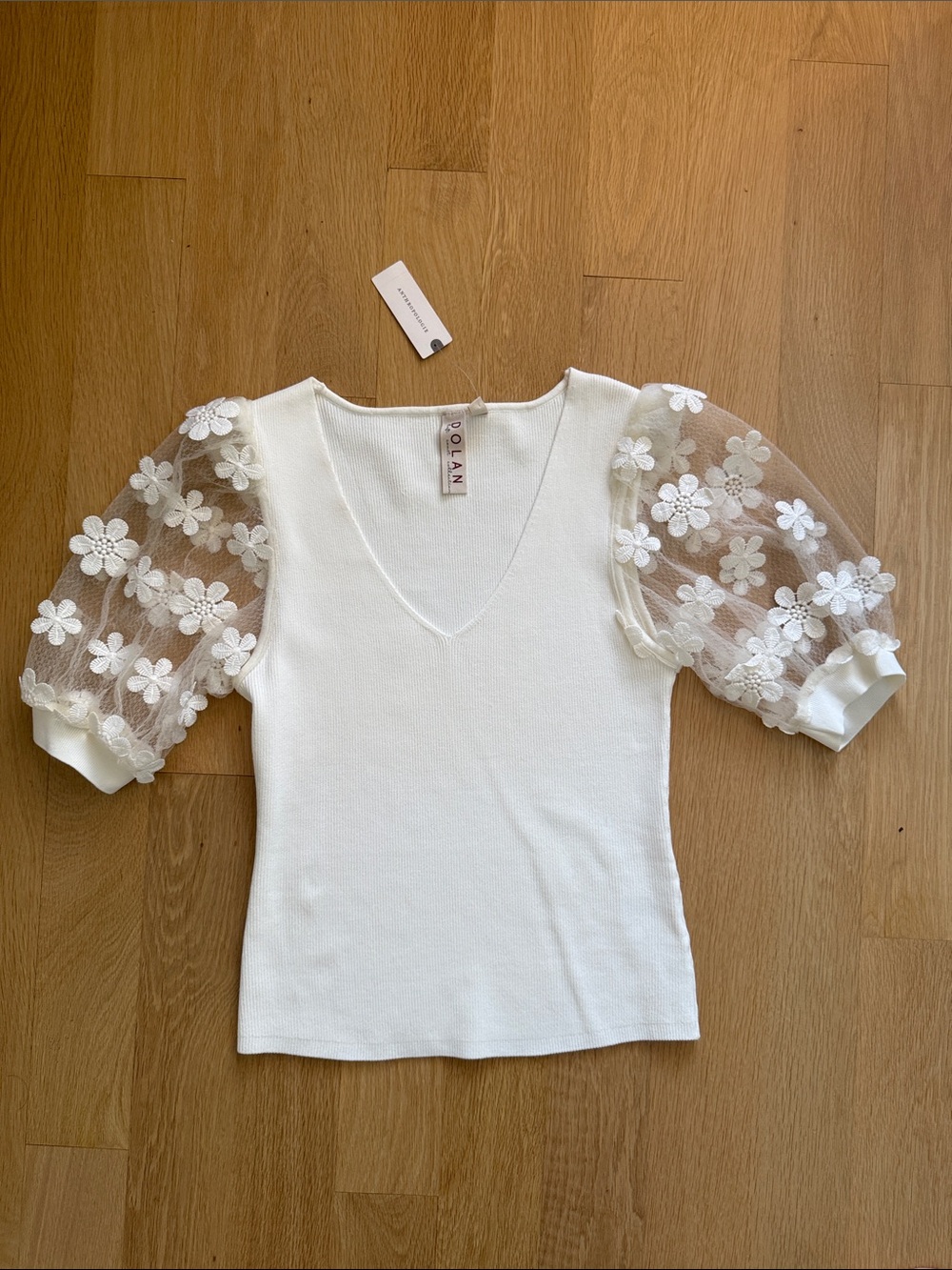 Anthropologie Cream Puff-Sleeve Floral Mesh Top
